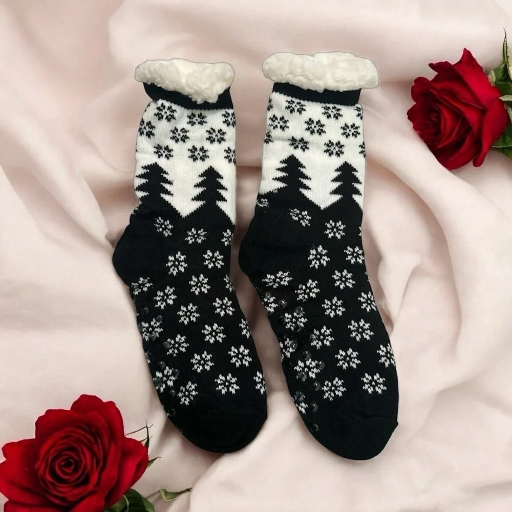 Dosoni Womens Slipper Fuzzy Socks - Snowflake Black, US Women 5-10